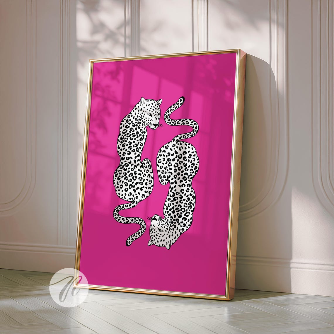 Hot Pink Leopard Illustration Poster Two White Spotted Big Cats