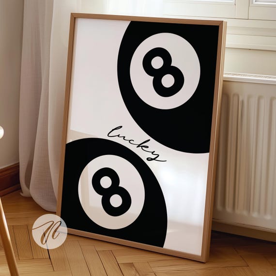 Lucky 8 Ball Print Retro Girl Poster Black Vintage Pool Wall Art Y2k Apartment Decor Funky Eight Bar Cart
