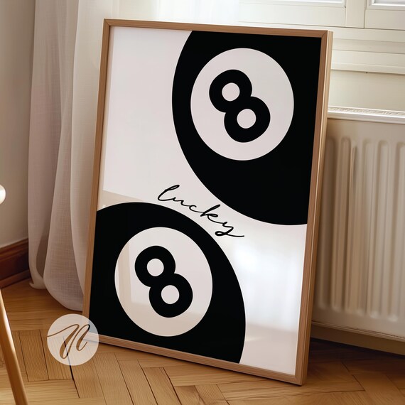 Lucky Eight Ball Black White Retro Pool Hall Billiards Poster