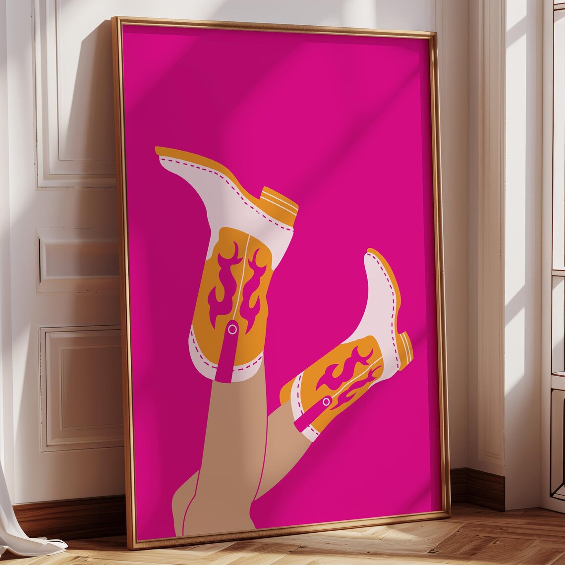 Cowgirl Legs In Orange Cowboy Boots Hot Pink Bold Western Wall Poster