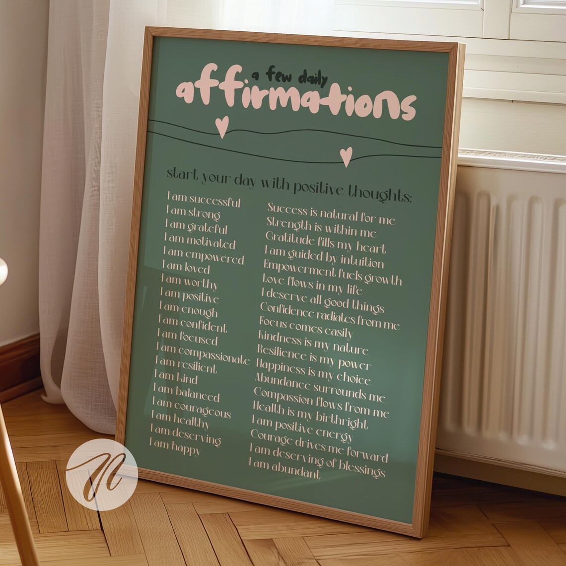 Daily Affirmations Sage Green List Positive Reminders Dorm Wall Poster