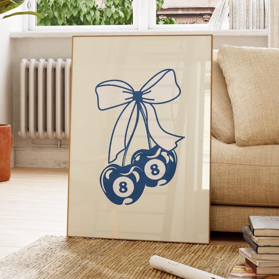 Blue 8 Ball Cherry Bow Poster Hand Illustrated Wall Art Prints Trendy Preppy Room Coquette College Apartment Decor