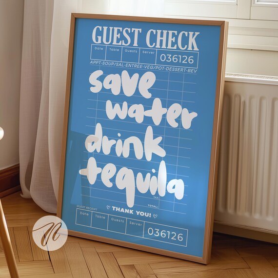 Guest Check Prints Trendy Wall Art Coastal Blue Poster Preppy Decor Retro Bar Cart
