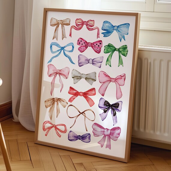 Bows Print Colorful Watercolor Wall Art Grand Millennial Coquette Nursery Decor Girly Balletcore