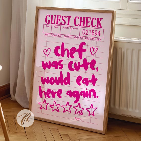 Chef Was Cute Would Eat Here Again Poster Guest Check Print Retro Kitchen Wall Art Cooking Apartment Decor Funny Quote