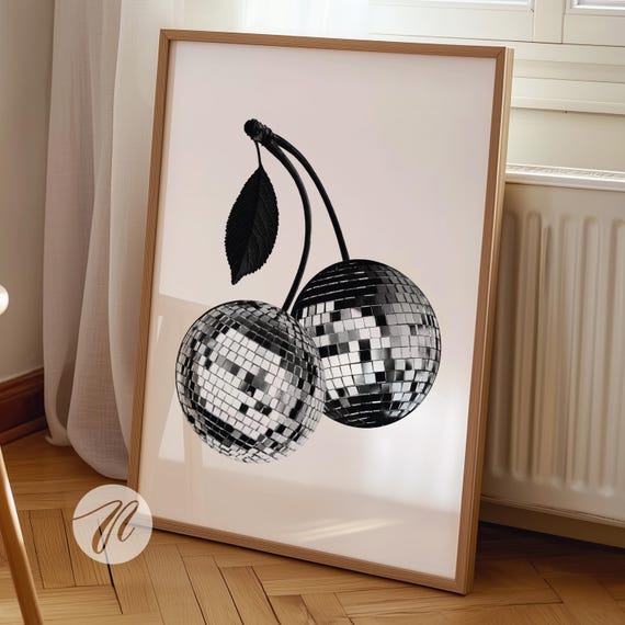 Retro Disco Art Cherry Fruit Print Out Poster Funky Black Neutral Decor College Apartment Bar Cart Prints