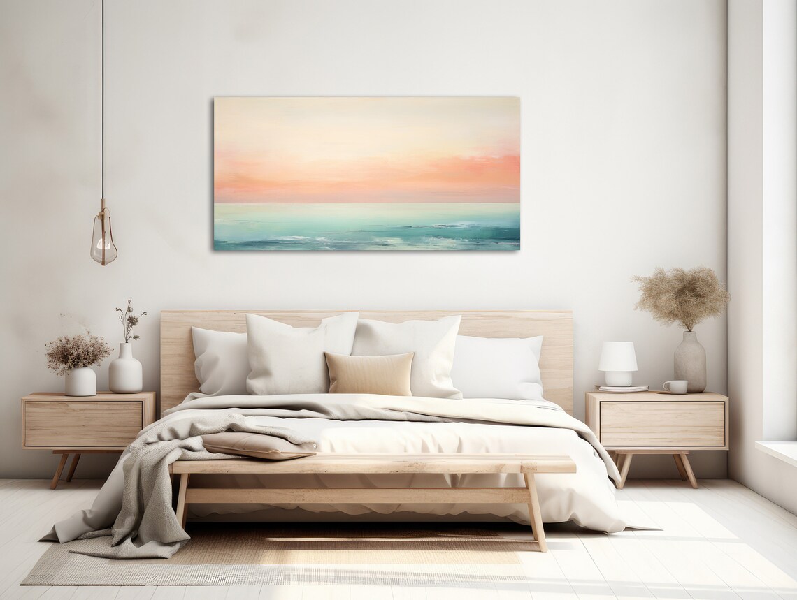 Pastel Tide Calm Ocean Sunset Seascape Peach Mint Water Coastal Wall Art Print - Image 2