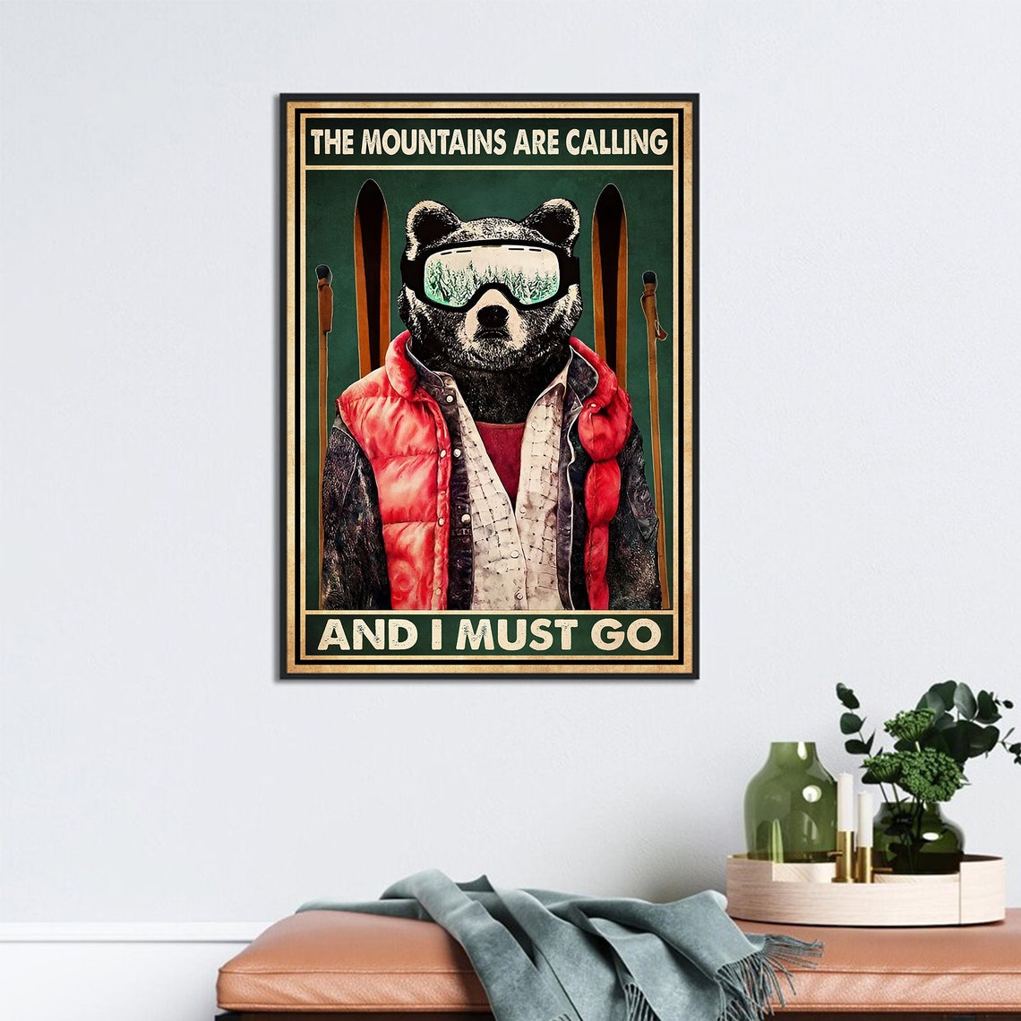 The Mountains Are Calling And I Must Go Funny Skiing Bear Retro Poster - Image 3