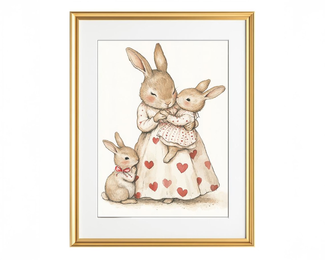 Mother Rabbit Hugging Two Baby Bunnies Heart Dress Nursery Poster - Image 4