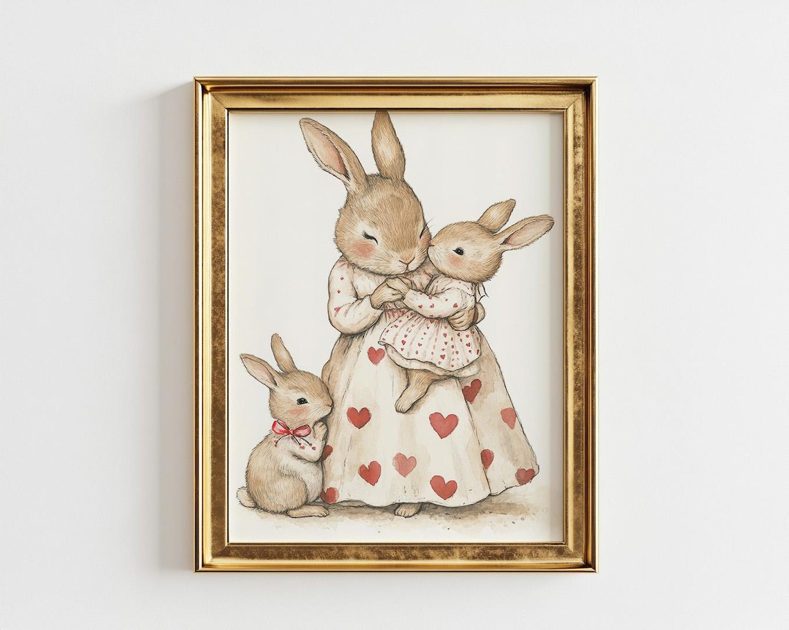 Mother Rabbit Hugging Two Baby Bunnies Heart Dress Nursery Poster