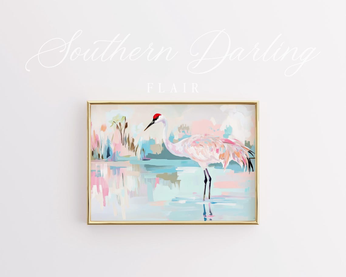 Sandhill Crane Wading In Pastel Pink And Teal Wetland Art Poster - Image 3
