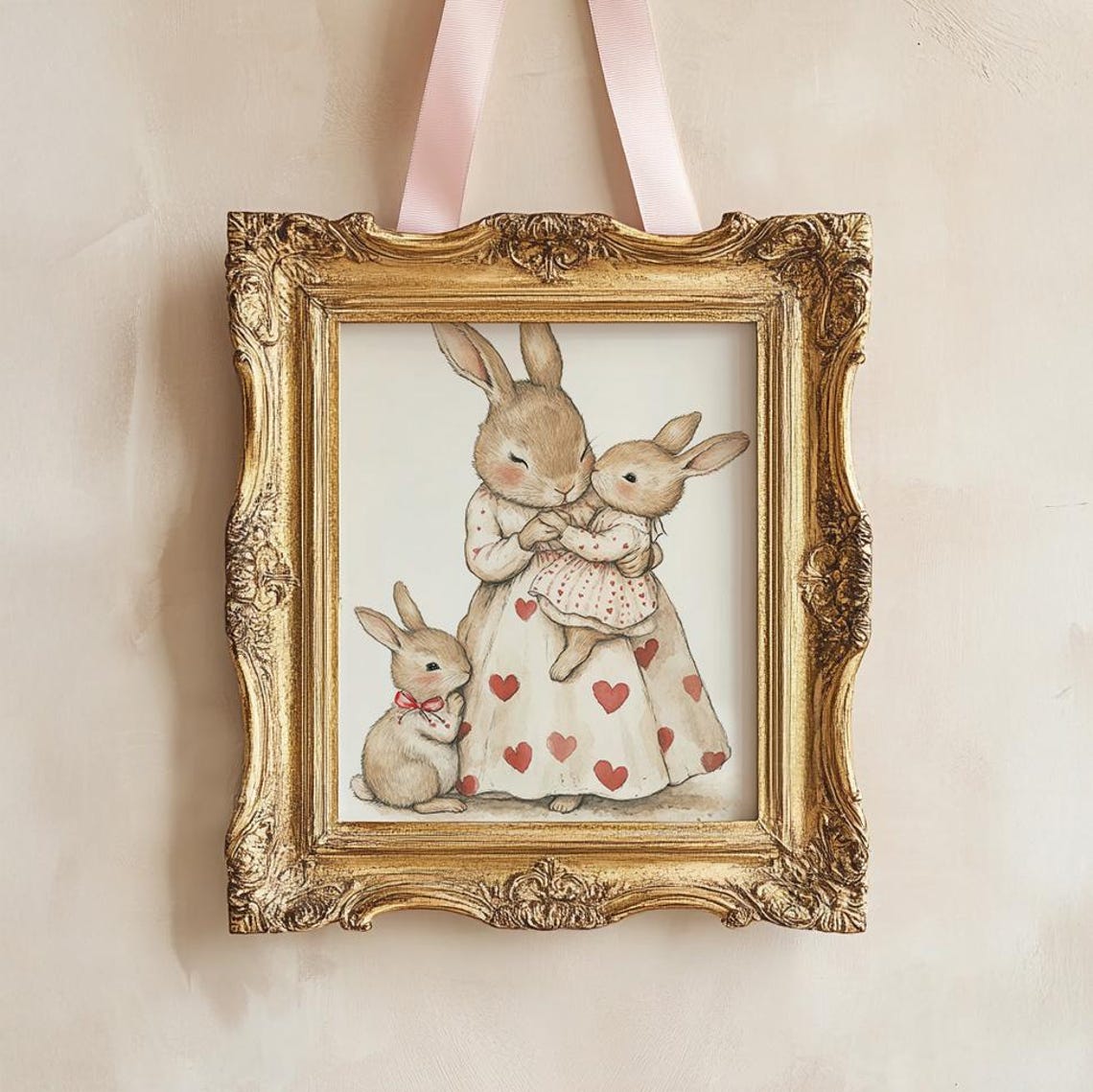 Mother Rabbit Hugging Two Baby Bunnies Heart Dress Nursery Poster - Image 3