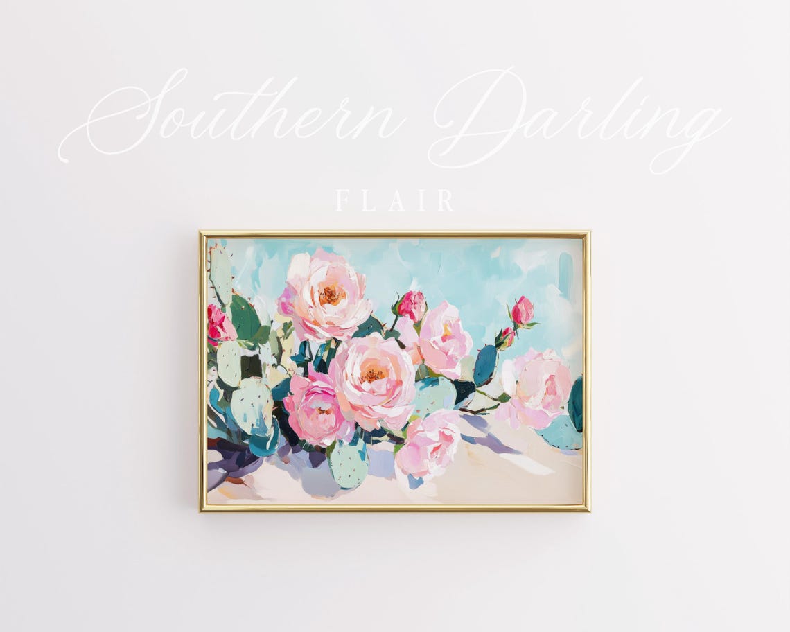 Pink Roses With Prickly Pear Cactus Pastel Floral Oil Painting Poster - Image 3