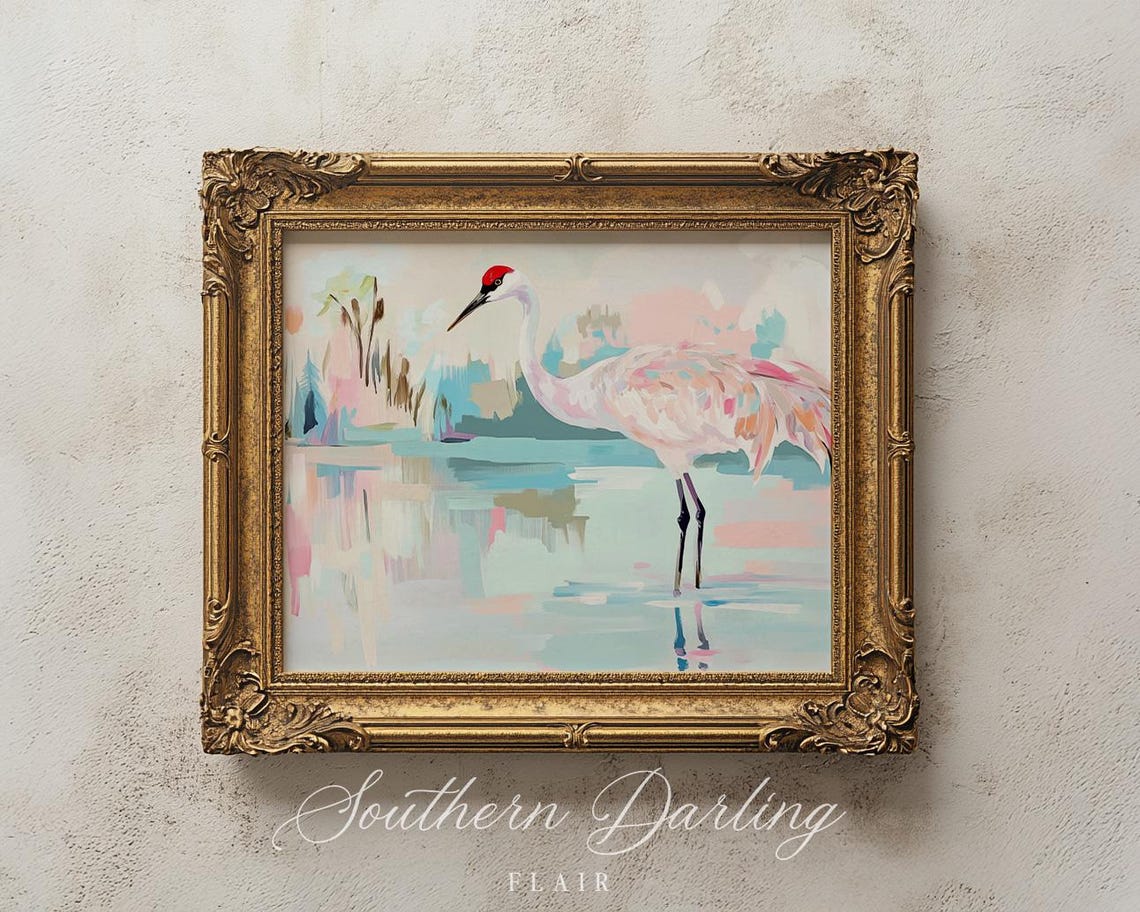Sandhill Crane Wading In Pastel Pink And Teal Wetland Art Poster - Image 2