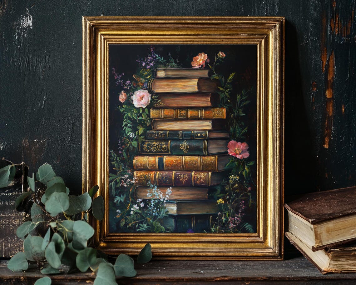 Tall Stack Of Antique Books With Flowers Dark Library Art Poster - Image 2