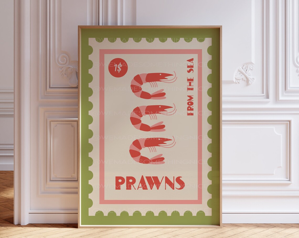 Prawns From The Sea Postage Stamp Retro Coastal Seafood Poster - Image 2
