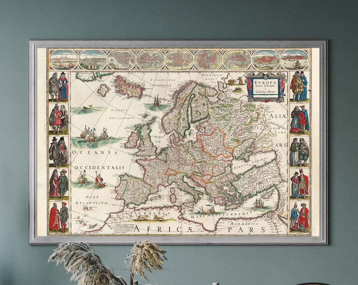 Vintage Europe Map Historical Illustration Travel Poster