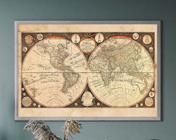 Vintage World Map Historical Rustic Decor Poster
