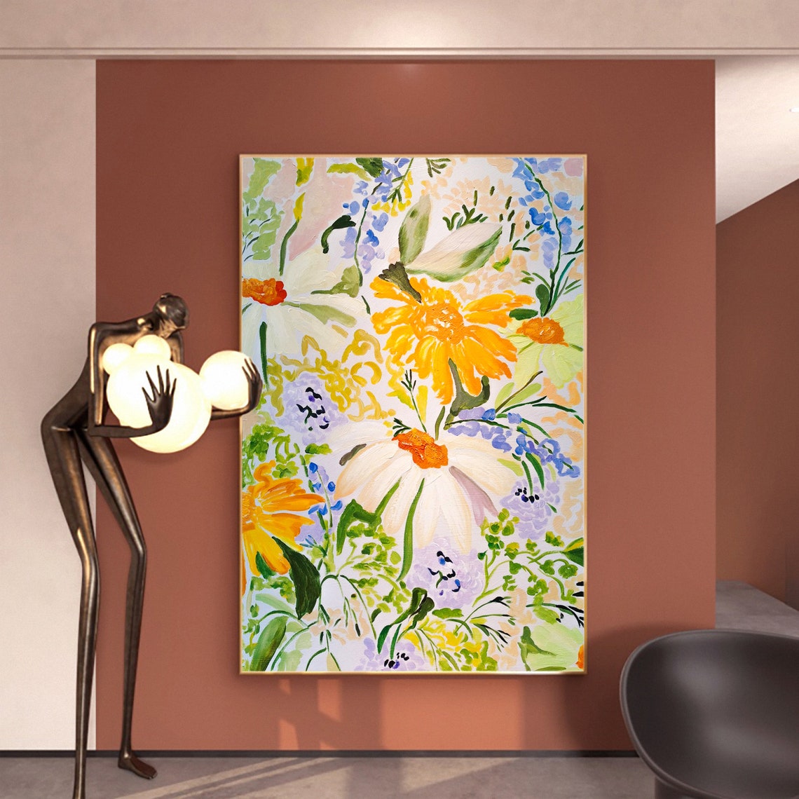 Big Hand Painted Vibrant Hues Blooming Yellow Flower Oil Painting Living Room Wall Decor Floral Wall Art Nursery Wall Decor Bedroom Wall Art - Image 2
