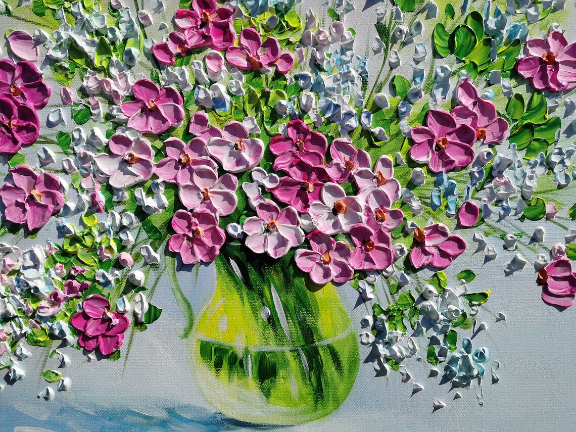 Pink Wildflowers Green Vase Impasto Floral Oil Painting Wall Art - Image 3