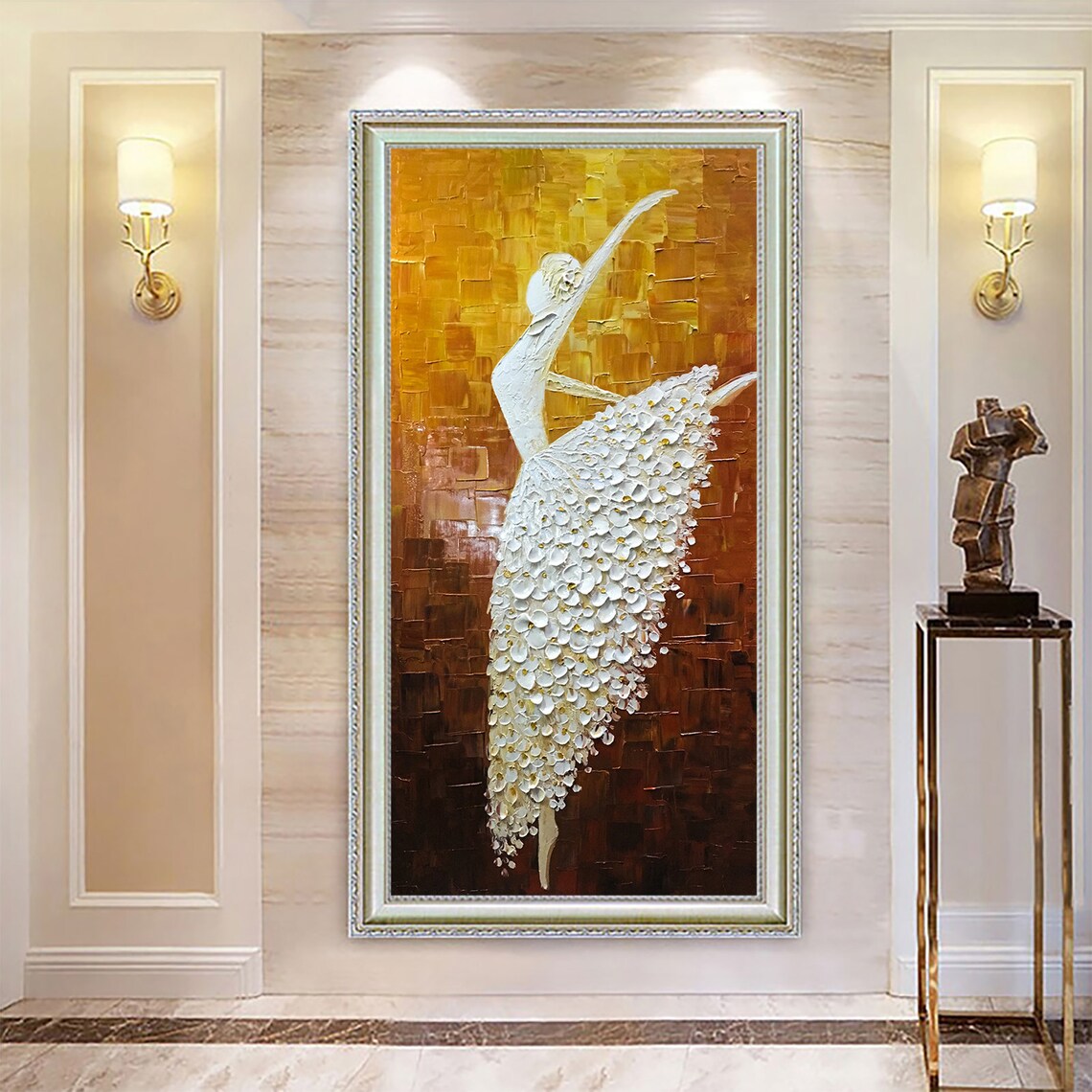 White Ballerina Dancer Petal Tutu Golden Bronze Oil Painting Poster - Image 5