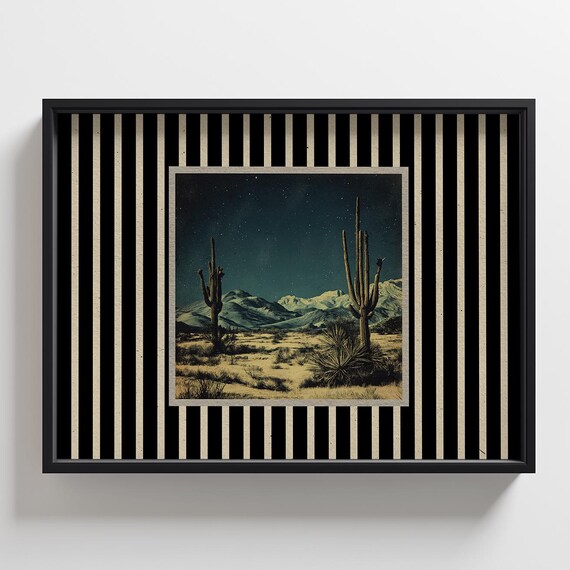 Vintage Desert Night Postcard Print Eclectic Wall Decor Bold Striped Western Poster Maximalist Mid Century Rustic Home Gift