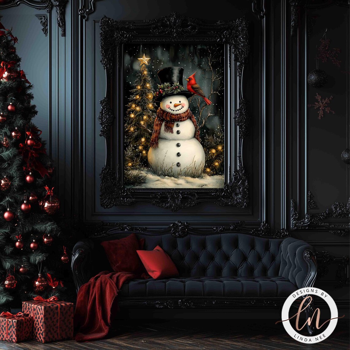 Snowman and Cardinal Christmas Art Print, Rustic Winter - Image 4