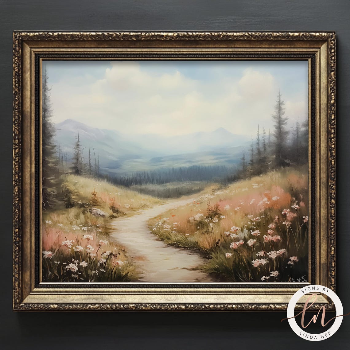 Mountain Meadow Wildflower Path Misty Peaks Rustic Landscape Poster - Image 3