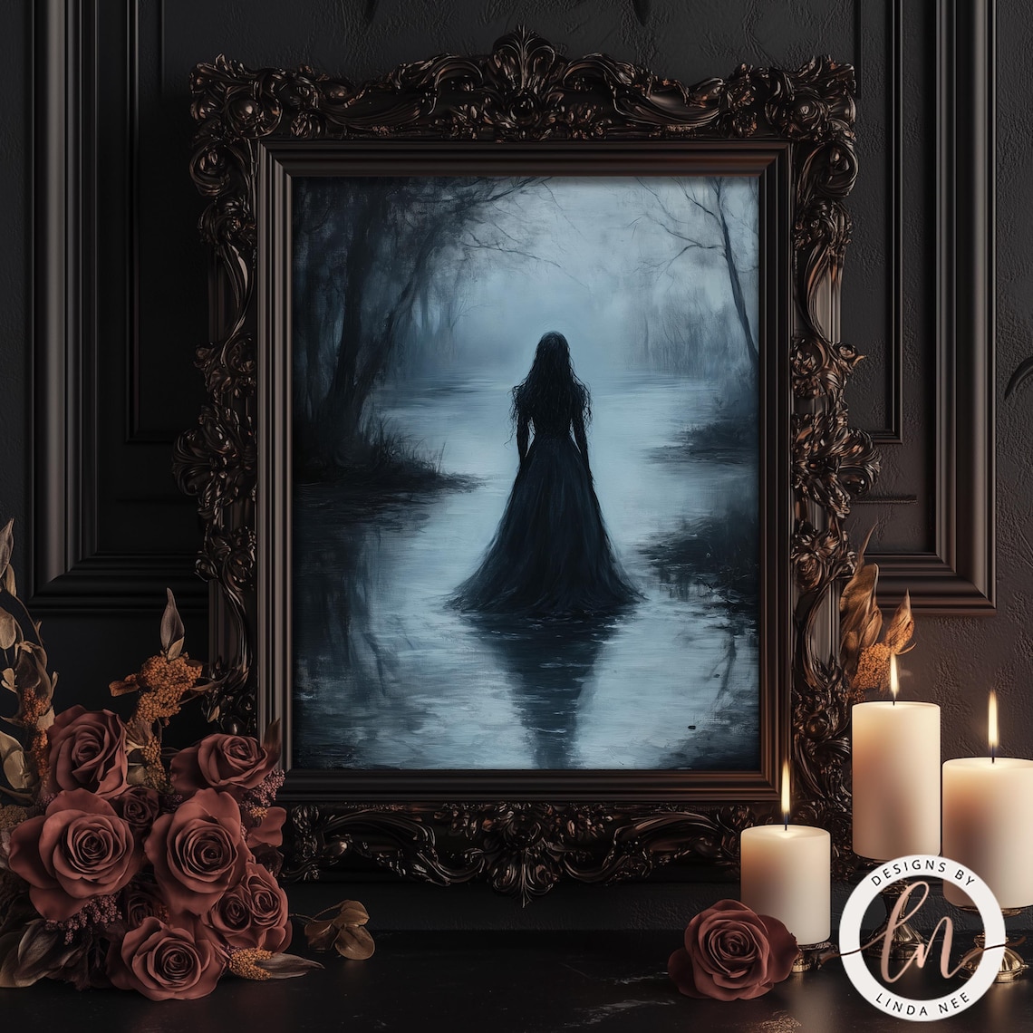 Gothic Ophelia by the Lake, Vintage Art Print
