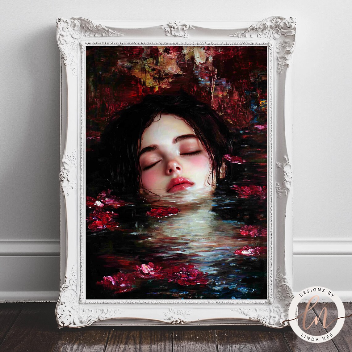 Woman Face Water Red Flowers Dark Gothic Victorian Moody Wall Poster - Image 2