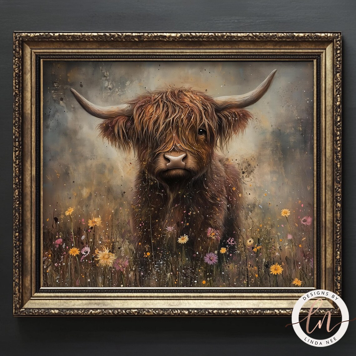 Scottish Highland Cow in Wildflowers, Vintage Art Print - Image 3