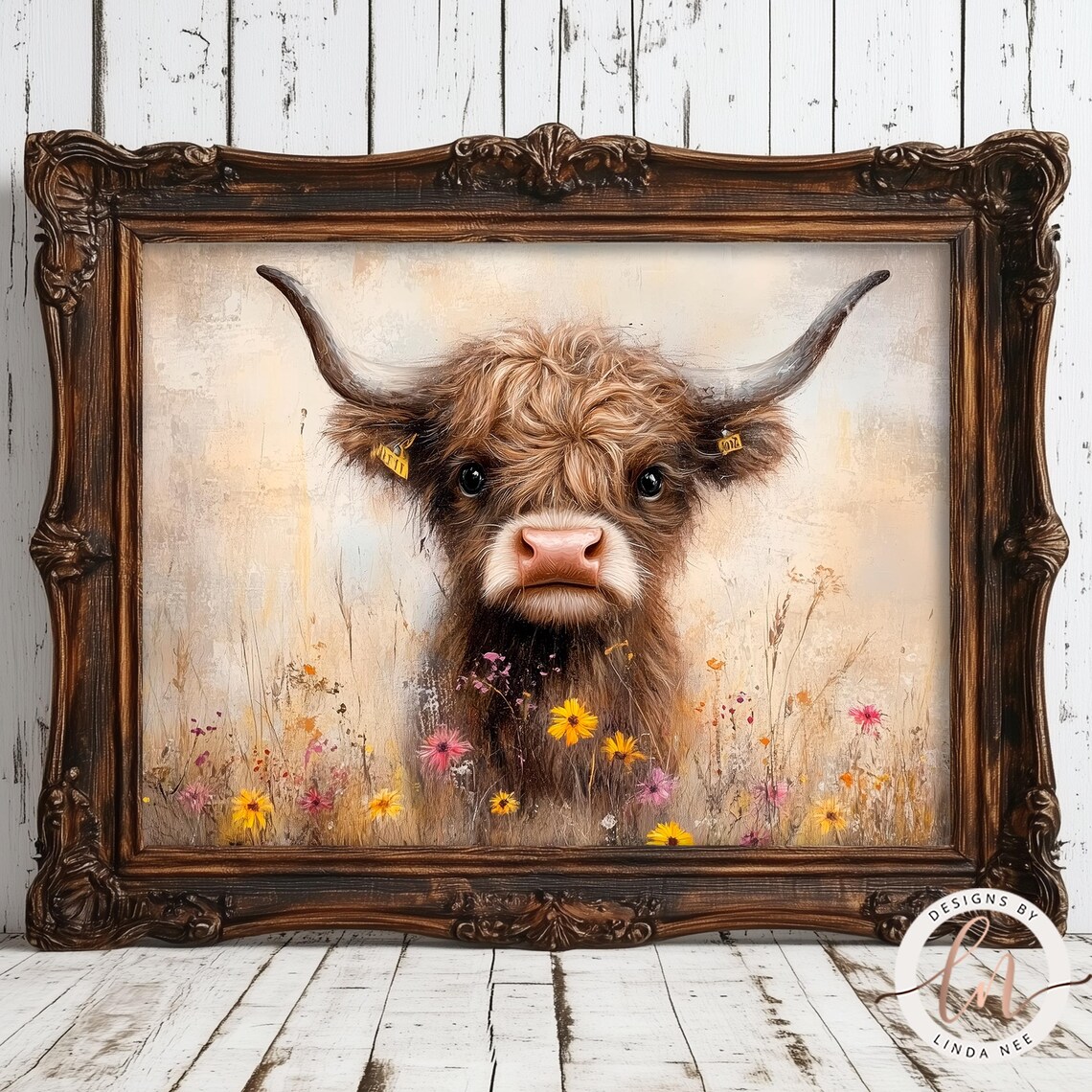 Baby Cow in Wildflowers, Vintage Farmhouse Art Print - Image 5