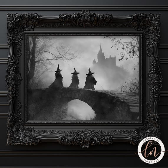 Vintage Witches In The Forest, Gothic Halloween Art Print