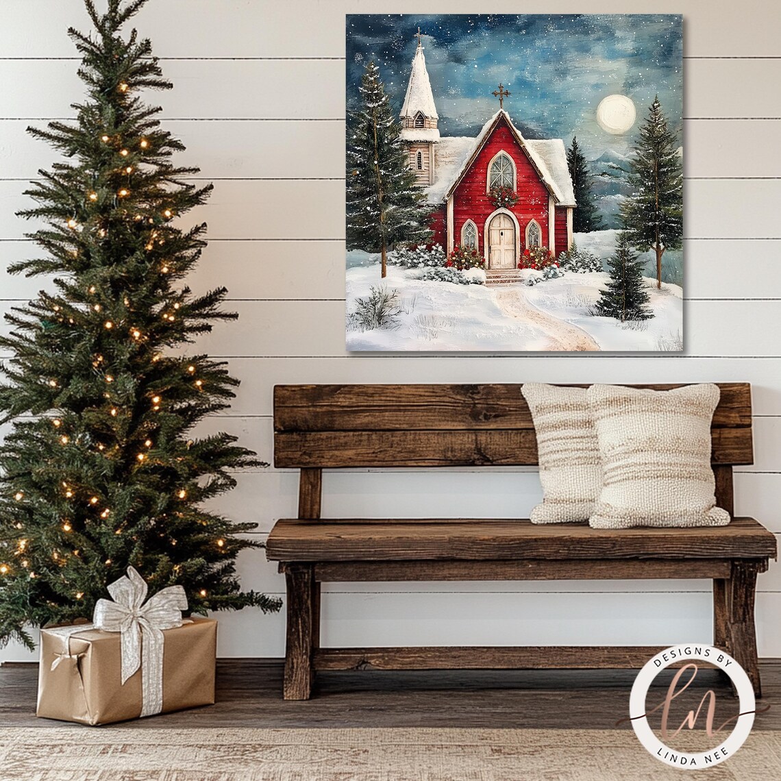 Vintage Church Christmas Scene Oil Painting Art Print - Image 3