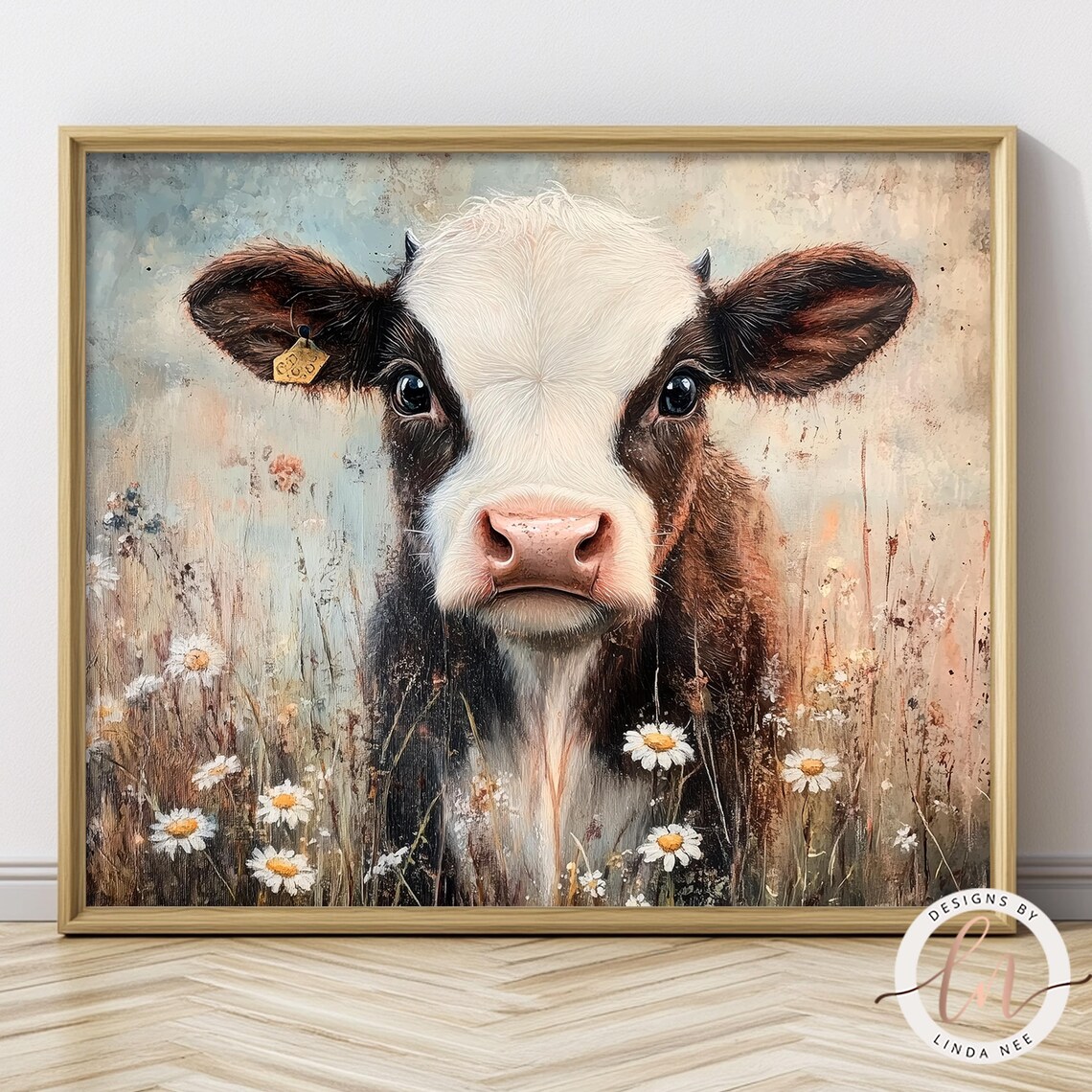 Moody Baby Cow Vintage Oil Painting, Farmhouse Art Print - Image 3