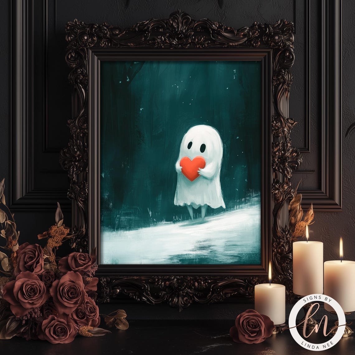 Cute Ghost Holding Red Heart Dark Forest Gothic Valentine Art Poster - Image 3