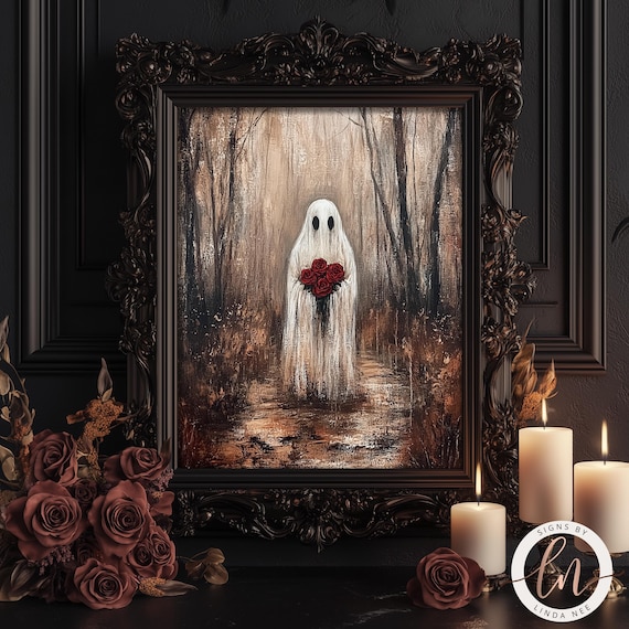 Romantic Ghost Holding Red Roses Dark Forest Gothic Valentines Wall Poster