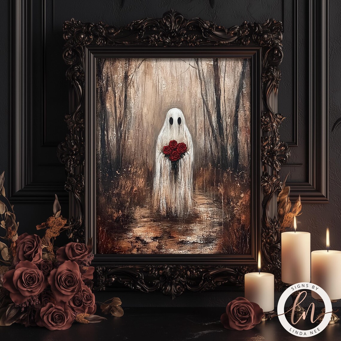 Romantic Ghost Holding Red Roses Dark Forest Gothic Valentines Wall Poster