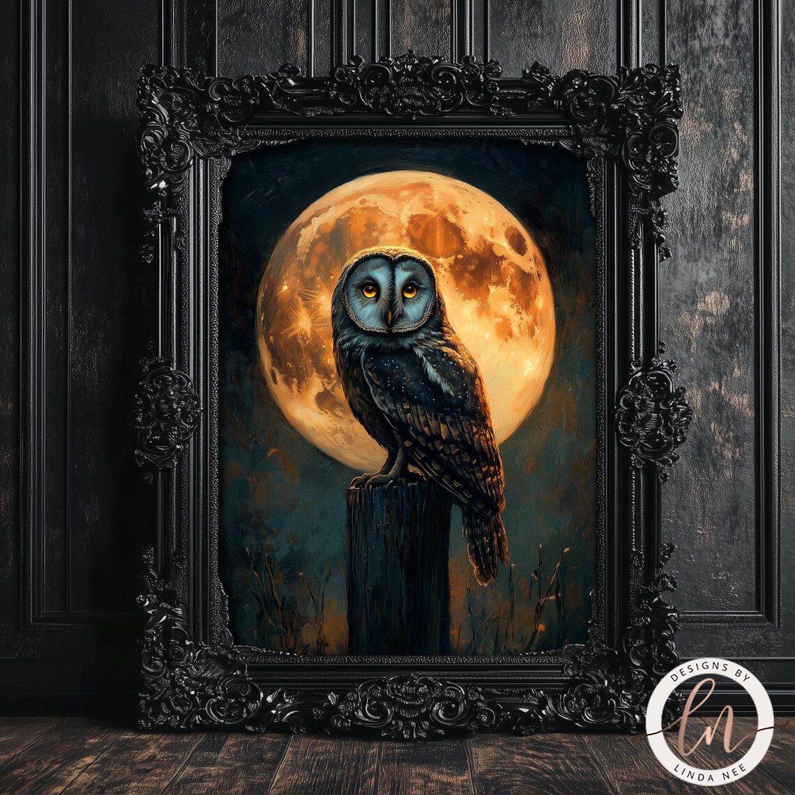 Barn Owl Full Moon Night Perch Gothic Halloween Dark Forest Art Poster
