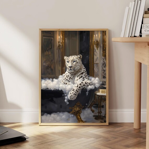White Tiger In Bathtub Print Bathroom Poster Luxury Wall Art Pink Prints Animal Optional Frame