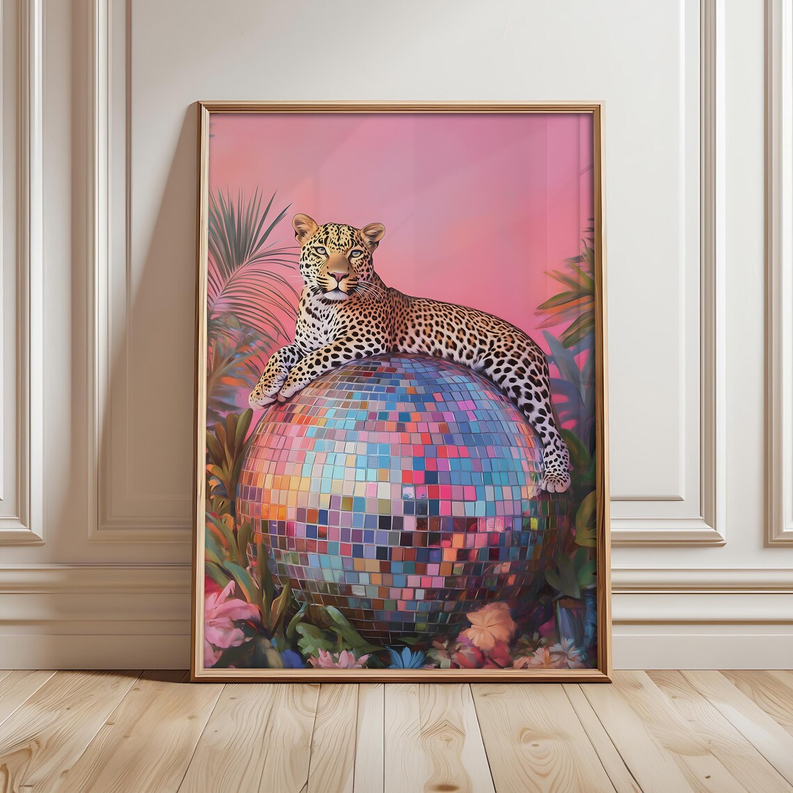 Leopard On Disco Ball Poster Wall Art Maximalist Decor Jungle Print Vibrant Prints File