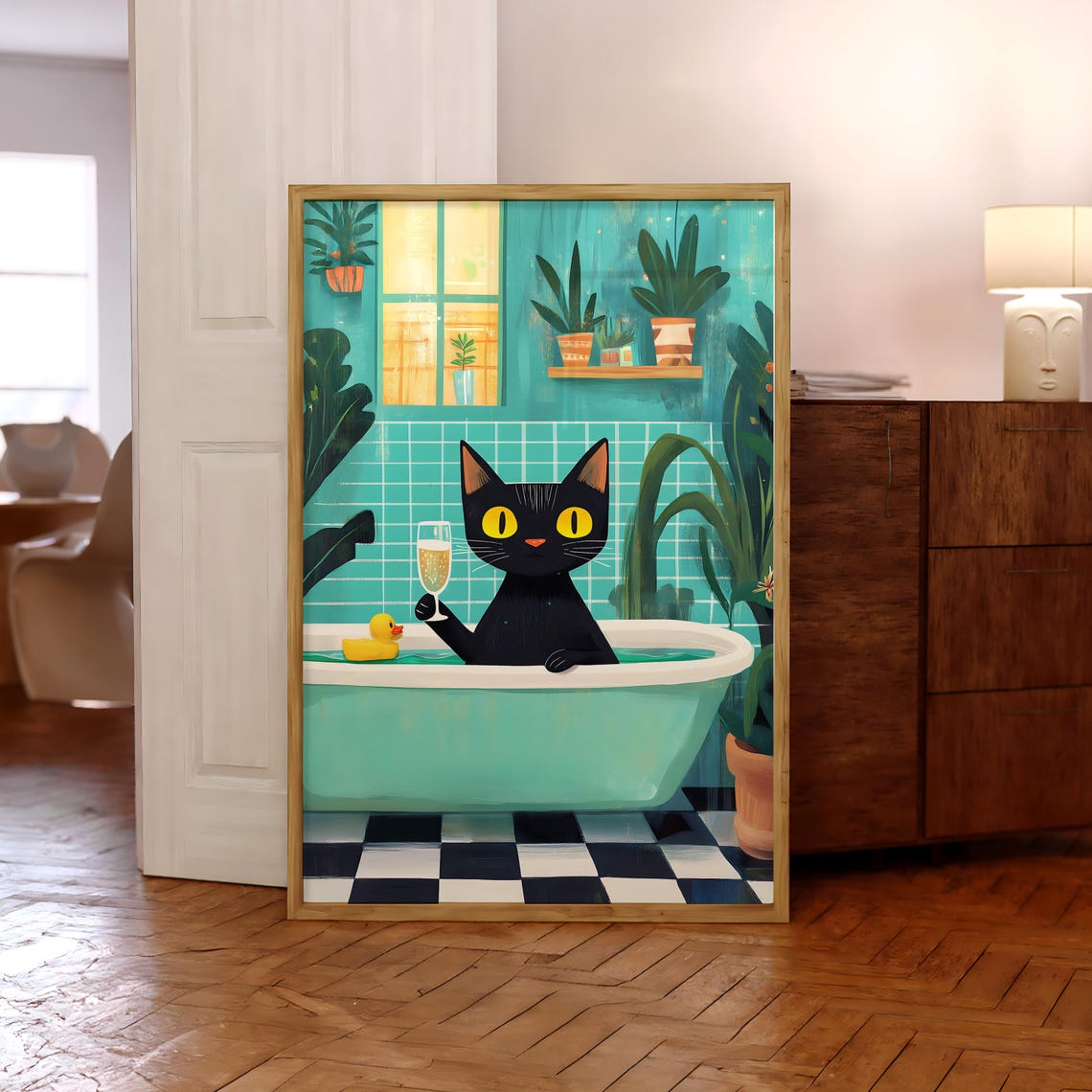Playful Black Cat Soaking In Bathtub With Champagne And Duck Poster