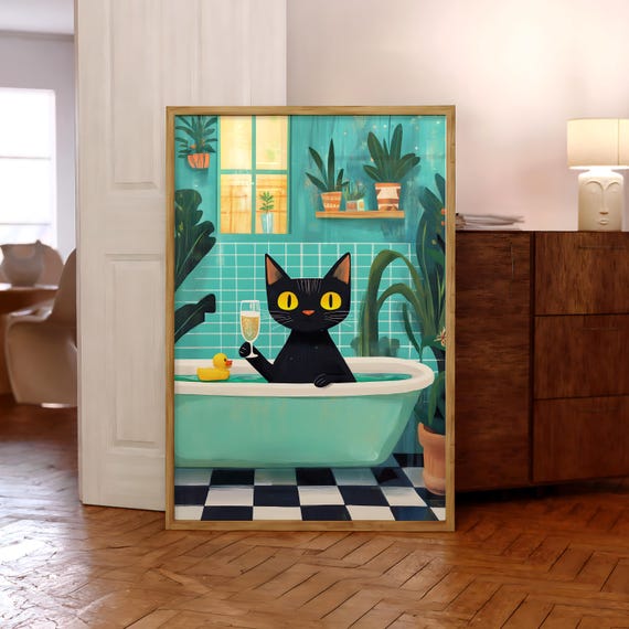 Funny Black Cat Rubber Duck Poster In Bathtub Print Jungle Wall Art Pink Bathroom Prints Animal File