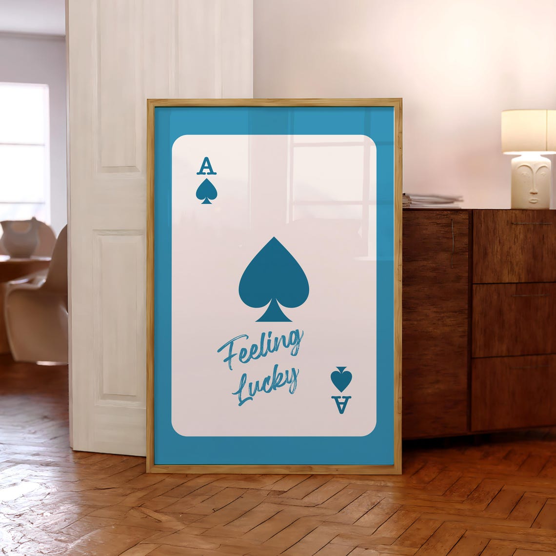 Turquoise Ace Of Spades Playing Card Feeling Lucky Script Poster