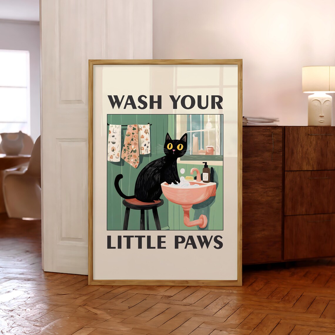 Wash Your Paws Cat Bathroom Humor Wall Art Print