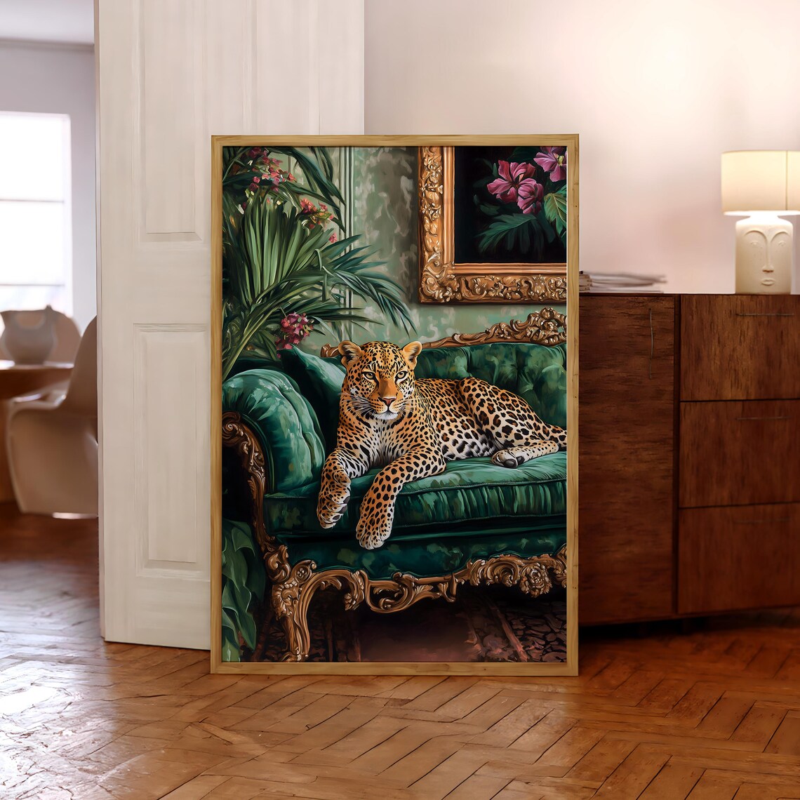 Leopard On Emerald Green Sofa, Maximalist Decor