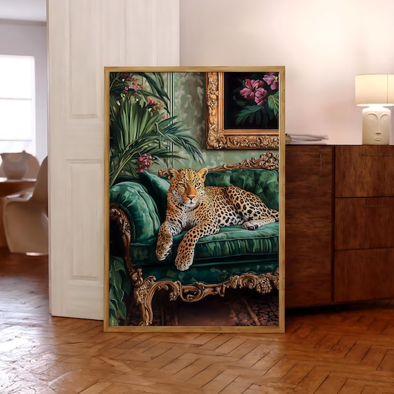 Leopard On Emerald Green Sofa, Maximalist Decor