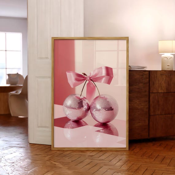 Cherry Disco Ball Wall Art Ribbon Mirrorball Print Poster Pink Girly Trendy Retro Prints File