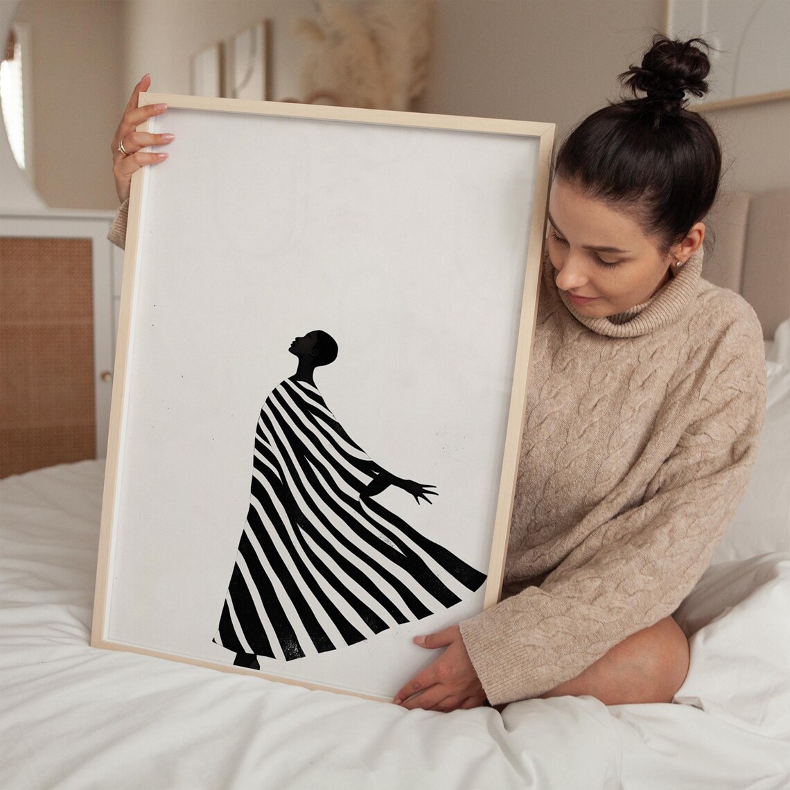 Elegant Black Silhouette Woman in Striped Flowing Dress Poster - Image 2