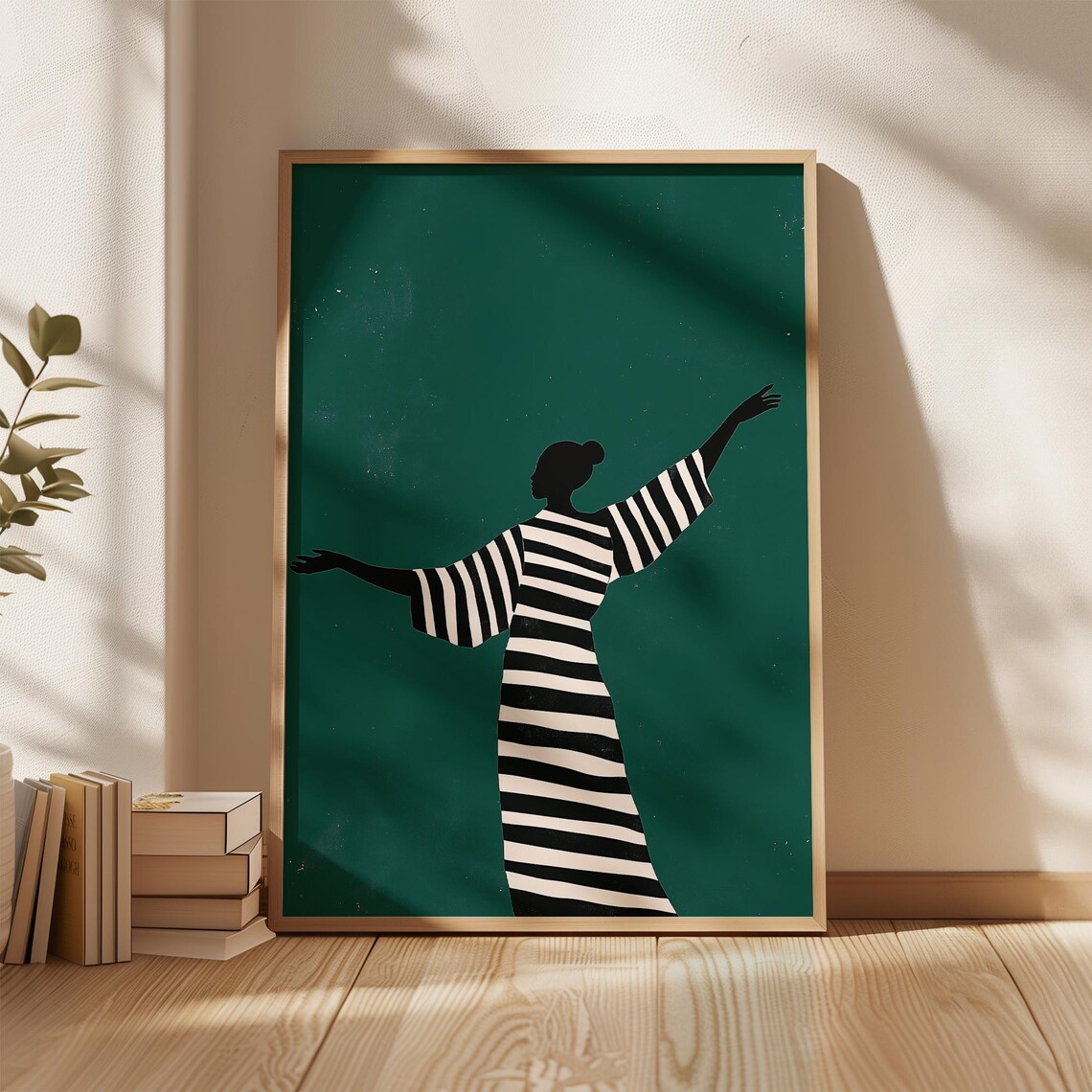 Woman with Arms Raised Striped Dress Emerald Green Silhouette Poster - Image 2